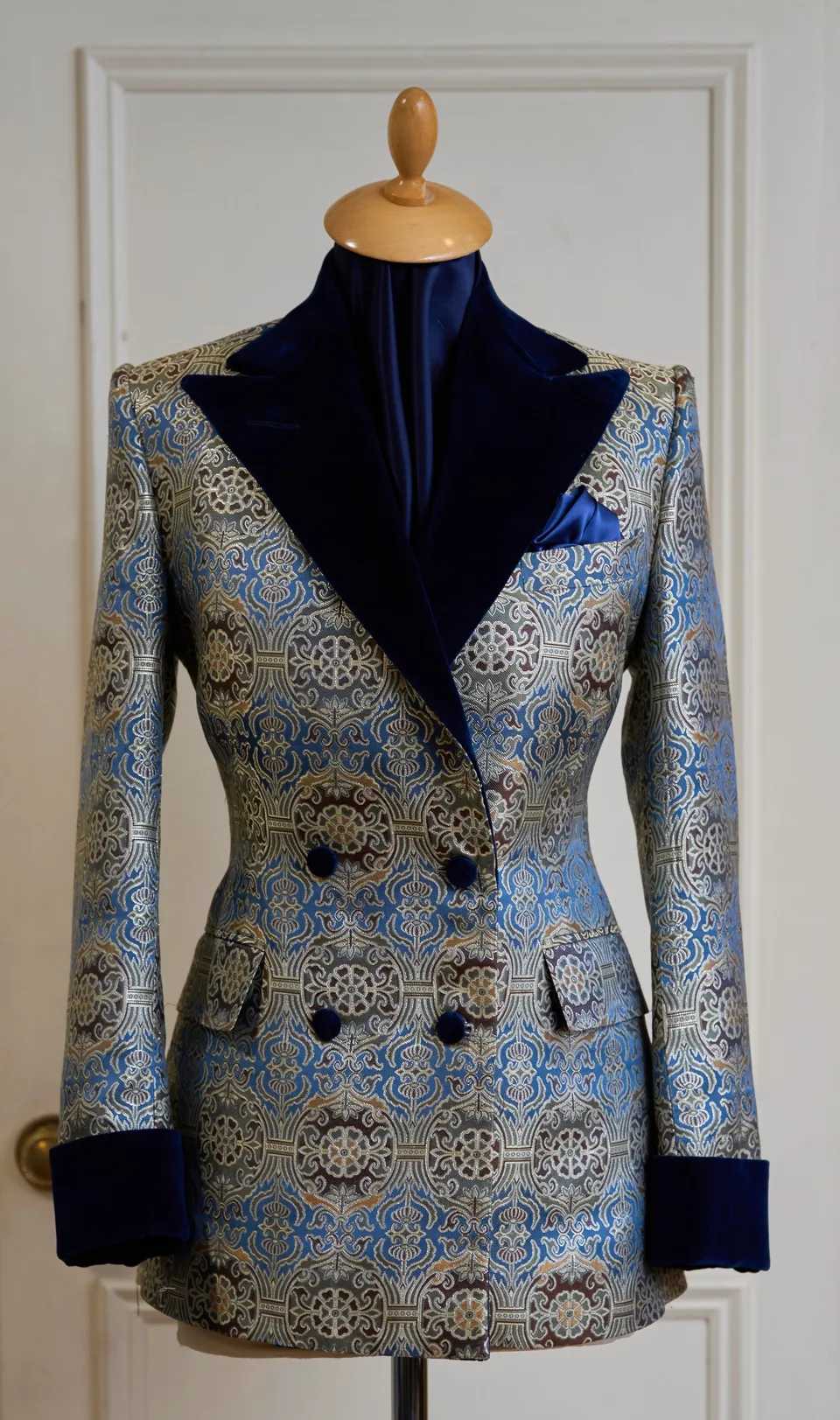 Full front view of the blue-gold Song-brocade smoking jacket.