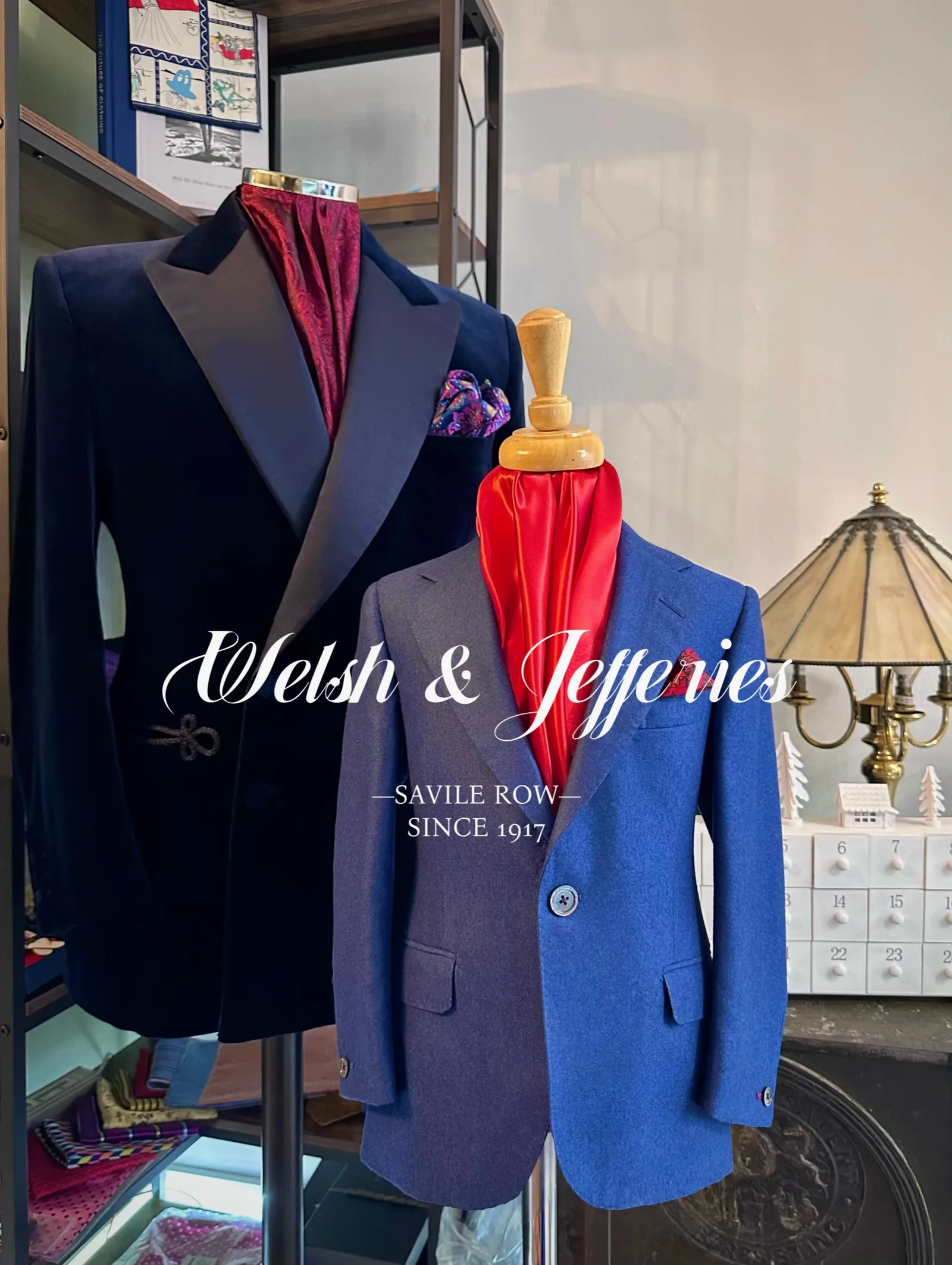 Paired display featuring a midnight velvet double-breasted evening jacket with frog closures