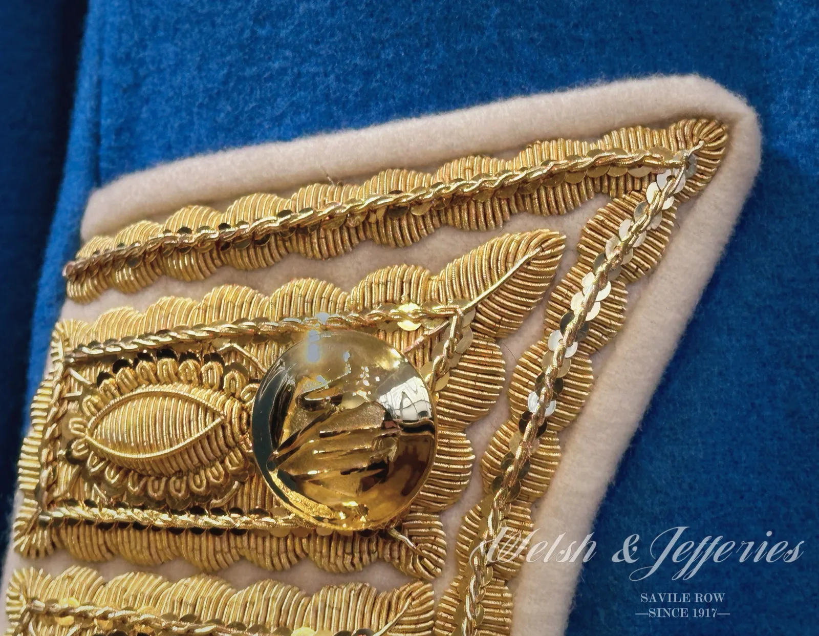 Extreme close view of dense gold-bullion embroidery and a gilt cuff button.