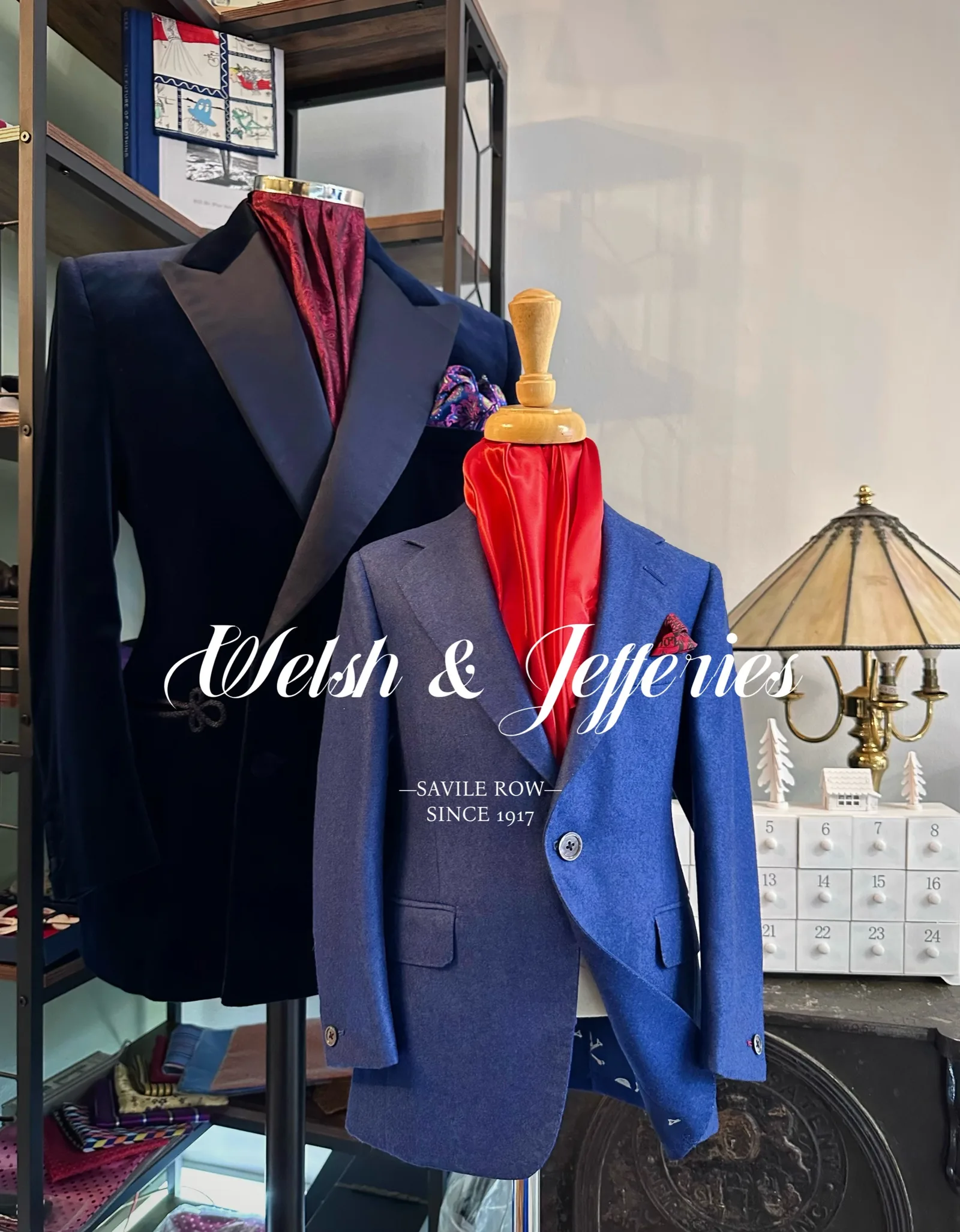 Paired display featuring a midnight velvet double-breasted evening jacket with frog closures