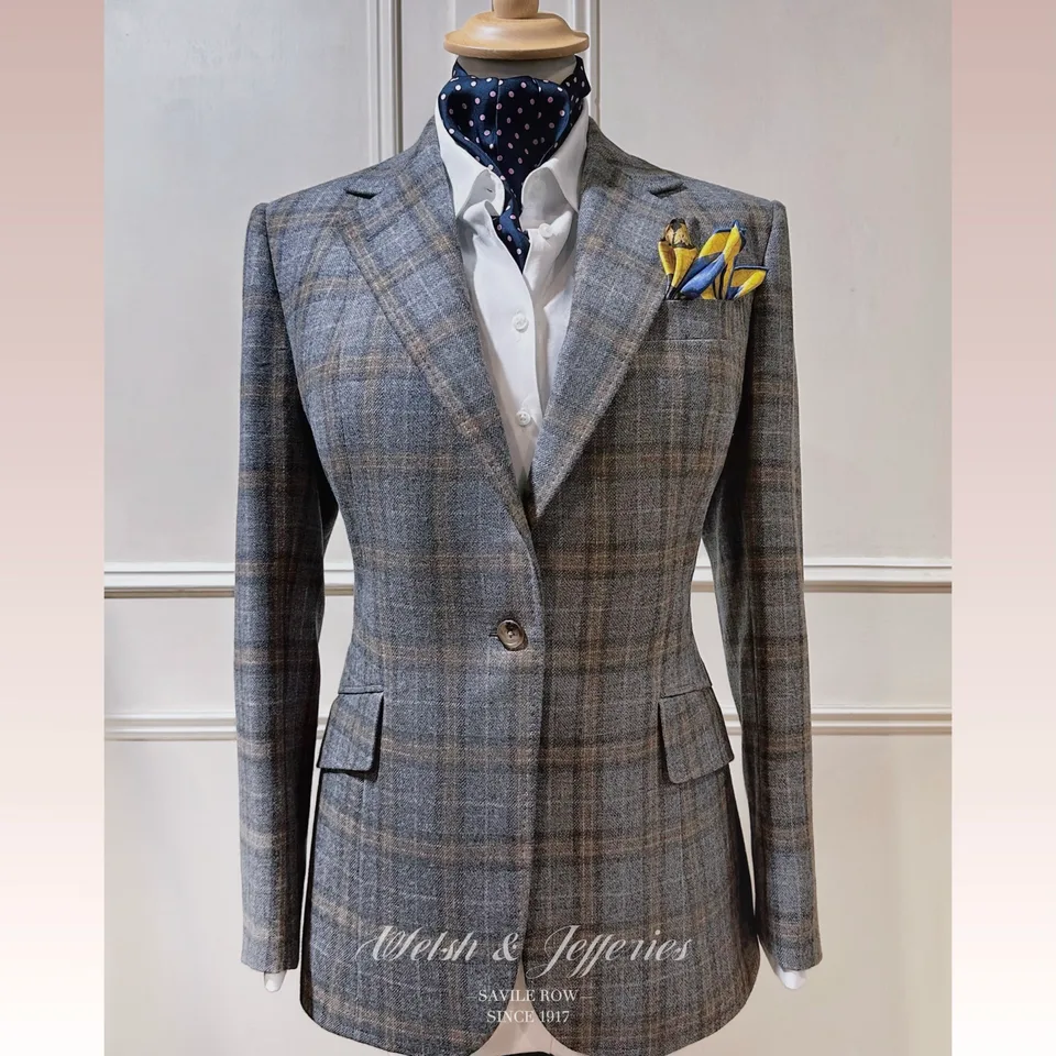 Front view of soft grey windowpane ladies' jacket.